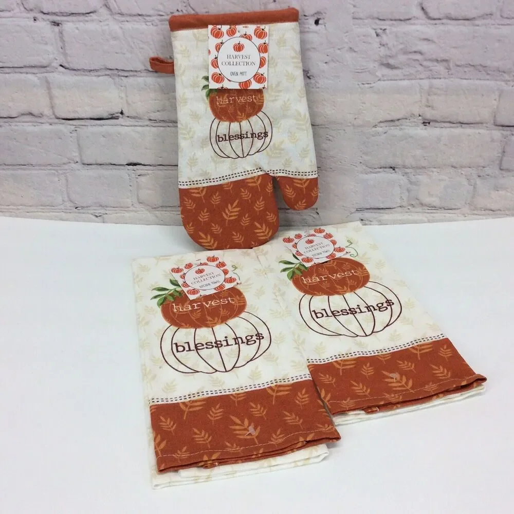 Fall Pumpkin 3 Pc Kitchen Set Harvest Blessings 2 Dish Towels/1 OvenMitt Autumn